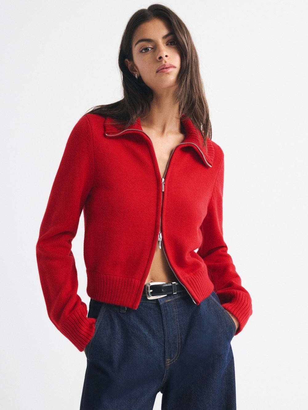 Abercrombie & Fitch Red Full Double Zip Collared Sweater Cardigan Size L
